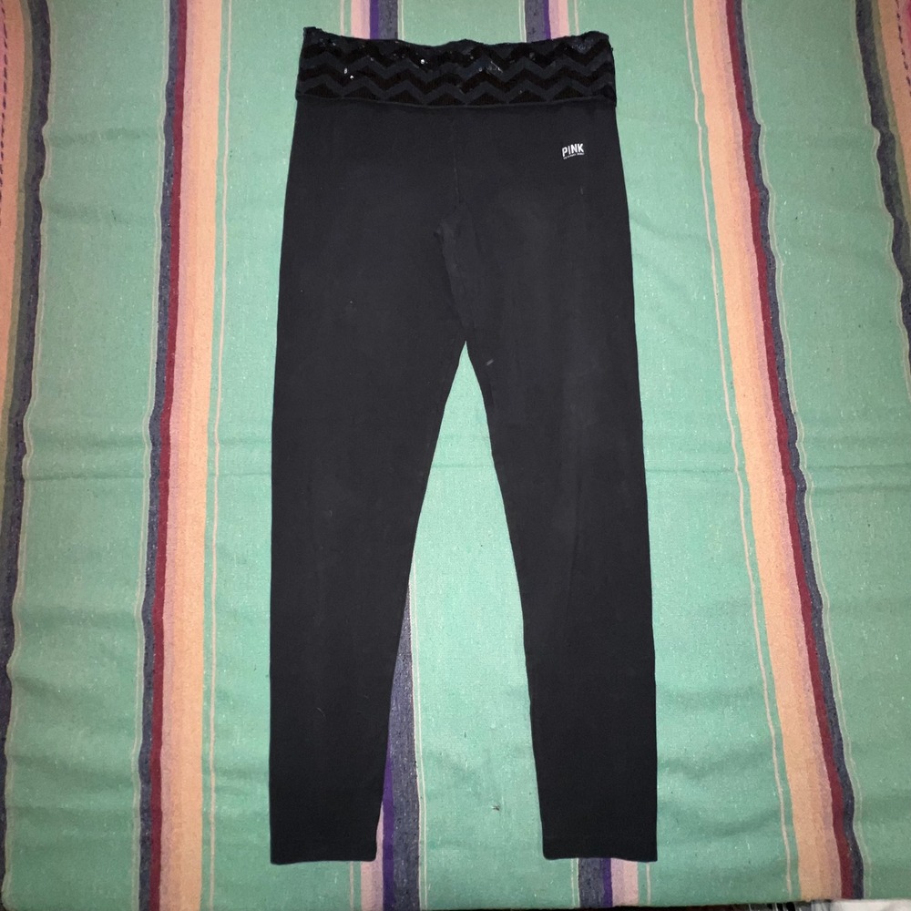 PINK Victoria's Secret Yoga Leggings Womens M Black Sequin Chevron Foldover Slim